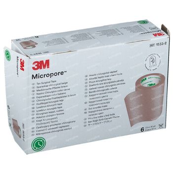 3M Micropore Medische Hechtpleister Huidskleur 5cmx9,14m 6 pleisters