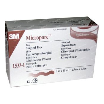 3M Micropore Chirurgische Fixatiepleister Huidskleur 2,5cm x 9,1m 1533-1 12 pleisters