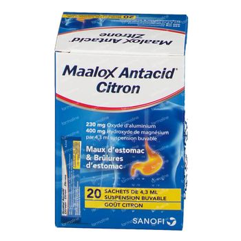 Maalox Antacid Citron 230mg/400mg par 4,3ml Suspension - Pour Maux D'Estomac 20 sachets