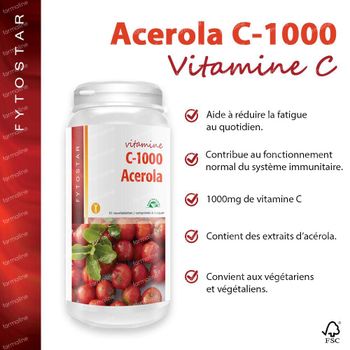 Fytostar Acerola C 1000 – Résistance – Vegan - Vitamine C 120 comprimés à croquer