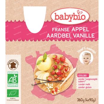 Babybio Franse Appel, aardbei en Vanille – Biologische Babyvoeding – Knijpfruit – Vanaf 6 Maanden 4x90 g