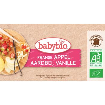 Babybio Franse Appel, aardbei en Vanille – Biologische Babyvoeding – Knijpfruit – Vanaf 6 Maanden 4x90 g