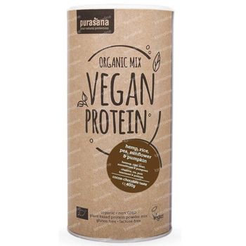 Purasana Vegan Protein Mix Erwt - Rijst - Pompoen - Zonnebloempit - Hennepzaad Chocolade Bio 400 g