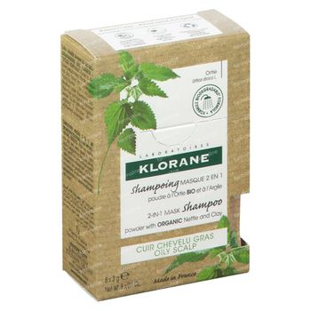 Klorane 2-in-1 Mask Shampoo Powder with Organic Nettle and Clay 8x3 g poeder