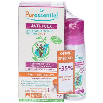 Puressentiel Anti-Poux Shampooing Traitant 2-en-1 + Puressentiel Répulsif Anti-Poux Spray 150+75 ml