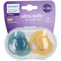 Philips Avent Ultra Soft Sucette Vert - Jaune 6-18 Moins SCF091/04 2 tétine  commander ici en ligne