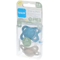 MAM Pure Lot de 2 tétines originales pour bébé en matériau durable et  bio-renouvelable, avec boîte à tétines, 0 à 6 mois, bleu/beige